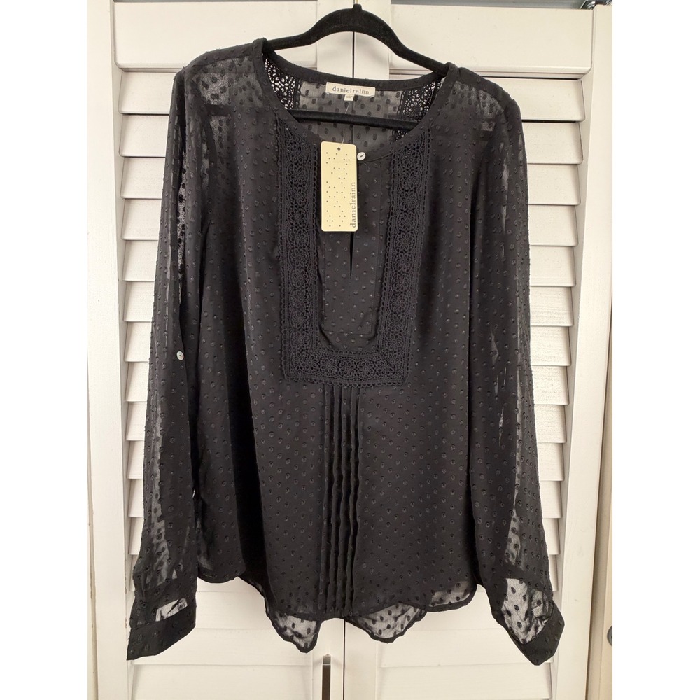 Daniel Rainn Blouse Womens XL Black Swiss Dot Lace Trim Pintuck NEW